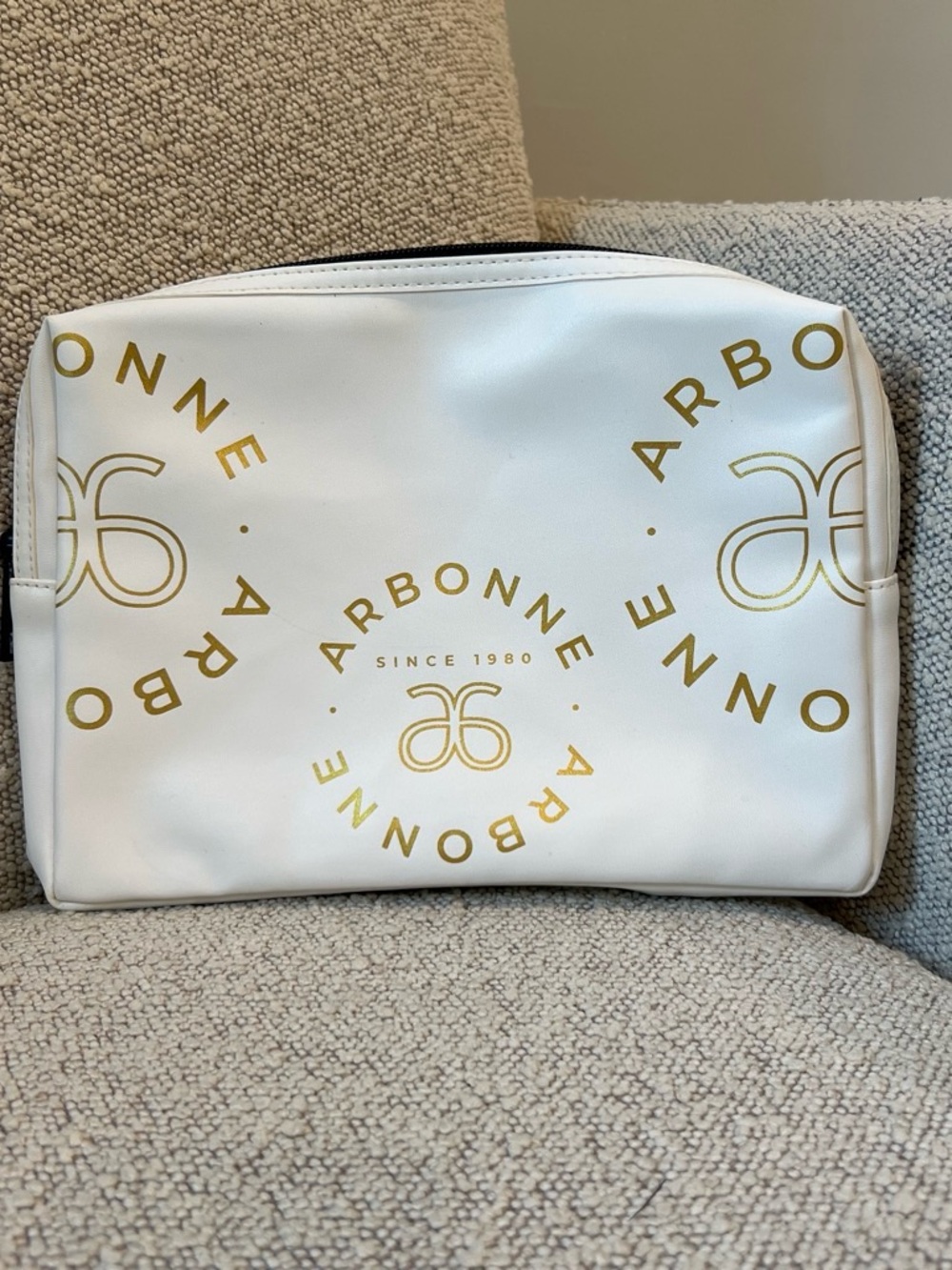 Arbonne White and Gold Logo Cosmetic Bag